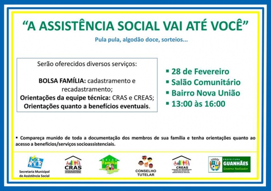 GUANHÃES: Bairro Nova União vai receber programa da Assistência Social nesta quarta