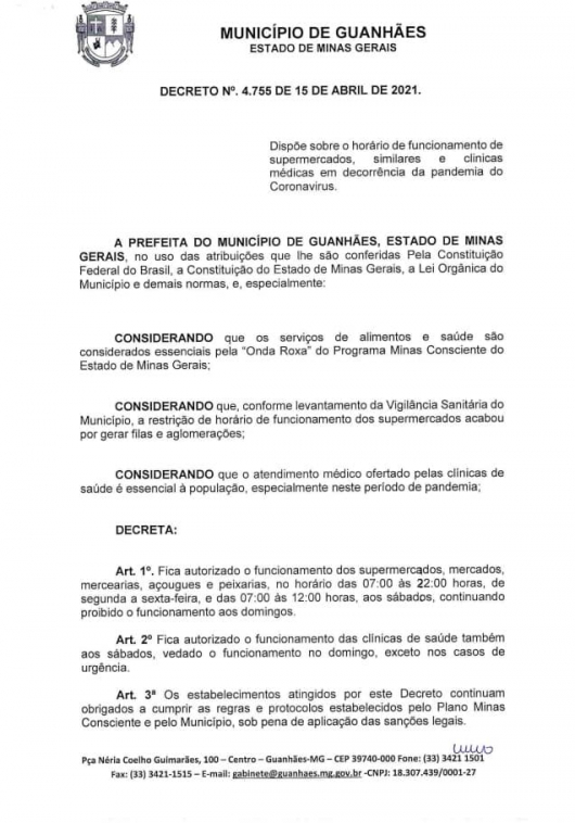 GUANHÃES: Publicado Decreto n° 4.755 que amplia horário de funcionamento dos supermercados, mercados, mercearias e outros estabelecimentos
