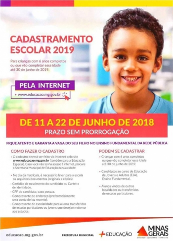 Guanhães: Prazo para Cadastramento Escolar 2019 termina nesta sexta-feira