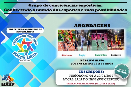 MATERLÂNDIA: Prazo para inscrições no Grupo de Convivências Esportivas para jovens termina nesta quarta