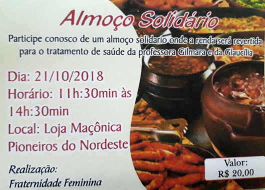 GUANHÃES: Almoço Solidário em prol de guanhanenses será realizado neste domingo