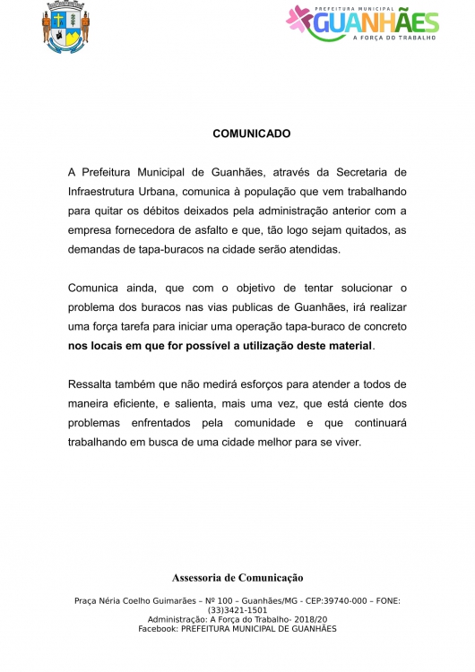 Prefeitura de Guanhães anuncia Operação Tapa-Buracos de concreto