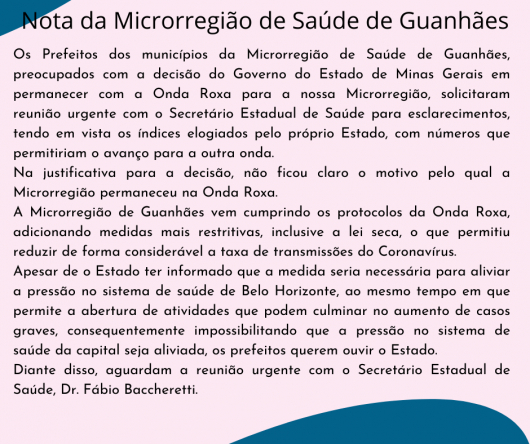 Representantes da Microrregião de Guanhães solicitam reunião urgente com o Estado para esclarecimentos sobre a permanência da onda roxa