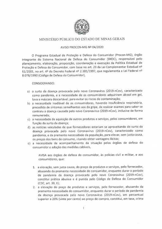 CORONAVÍRUS  Elevação superior a 20% nos preços de produtos constitui crime contra economia popular, diz o Procon-MG