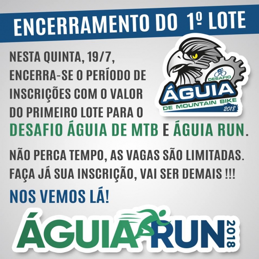 Primeiro lote da Corrida Águia Run e Desafio Águia de Mountain Bike se encerra nesta quinta Mais de 80 atletas já estão inscritos