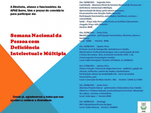 APAE Serro realiza Semana Nacional da Pessoa com Deficiência