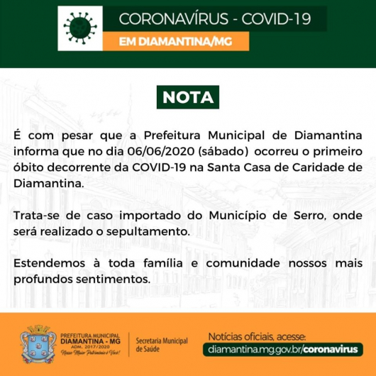 Diamantina registra primeiro óbito por COVID-19