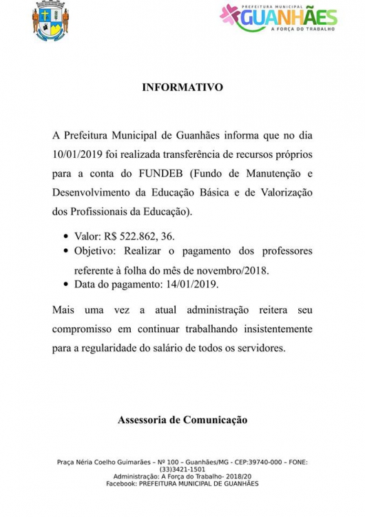 Prefeitura de Guanhães realiza transferência de recursos próprios para a conta do FUNDEB