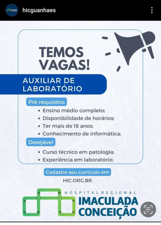 OPORTUNIDADE DE TRABALHO NO HOSPITAL REGIONAL IMACULADA CONCEIÇÃO