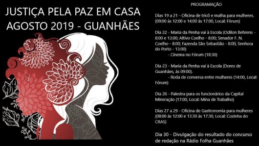 Divulgada a programação da Semana da Justiça pela Paz em Casa em Guanhães