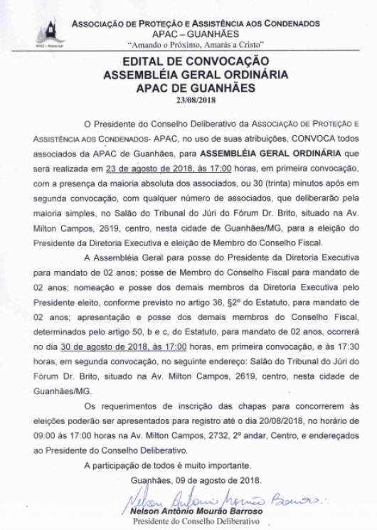 APAC de Guanhães convoca Associados para Assembléia Geral Ordinária