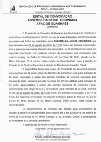 APAC de Guanhães convoca Associados para Assembléia Geral Ordinária