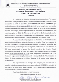 APAC de Guanhães convoca Associados para Assembléia Geral Ordinária