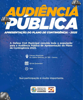 Audiência Pública vai apresentar Plano de Contingência 2025 em Guanhães