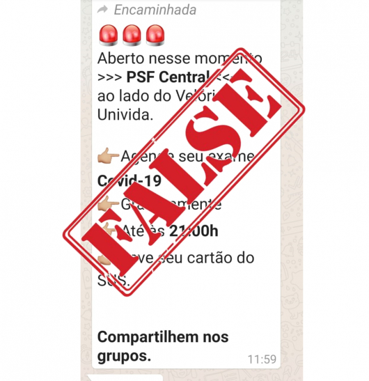 FAKE NEWS: Informação sobre suposto teste gratuito de Covid em Guanhães é FALSA