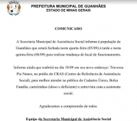 Guanhães: Secretaria Municipal de Assistência Social comunica mudança de endereço