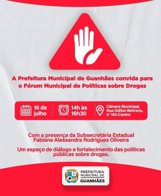 Fórum Municipal de Políticas sobre Drogas acontece nesta quarta-feira (16) em Guanhães