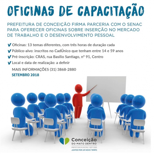 Conceição do Mato Dentro oferta Oficinas Preparatórias para o mercado de trabalho e desenvolvimento pessoal