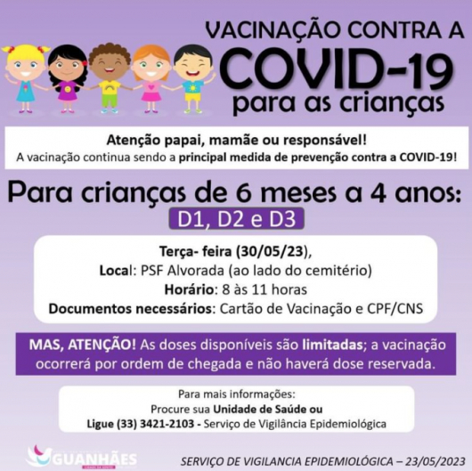 ATENÇÃO PAIS OU RESPONSÁVEIS: Agendada vacinação infantil contra a covid em Guanhães