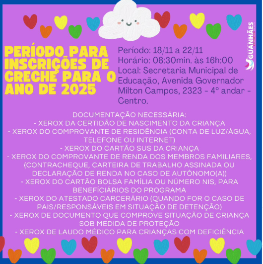 ATENÇÃO PAIS E RESPONSÁVEIS DE GUANHÃES: Período de inscrições da creche para 2025 acontece neste mês de novembro