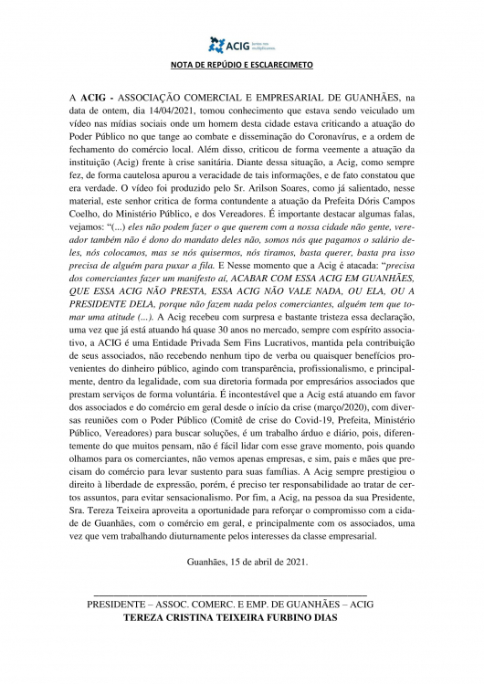 NOTA DE REPÚDIO - ACIG GUANHÃES