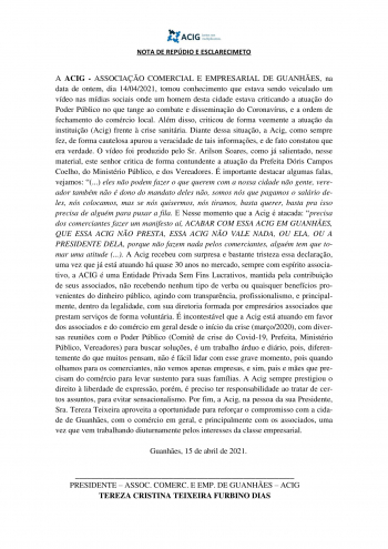 NOTA DE REPÚDIO - ACIG GUANHÃES