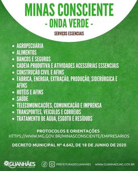 PLANO ESTADUAL MINAS CONSCIENTE: Saiba quais setores comerciais estão autorizados a funcionar na ONDA VERDE, vigente na Micro de Guanhães