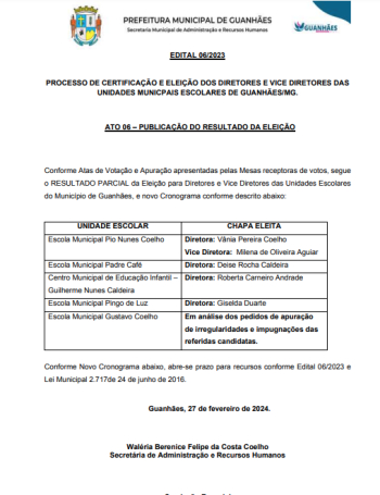 GUANHÃES: Divulgado resultado das Eleições para as Diretorias das Escolas Municipais de Guanhães
