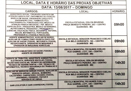 Prefeitura Municipal de Guanhães divulga horário e local das provas do Processo Seletivo nº 001/2017