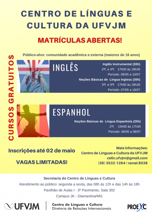 Centro de Línguas e Cultura da UFVJM abre inscrições para cursos gratuitos de inglês e espanhol