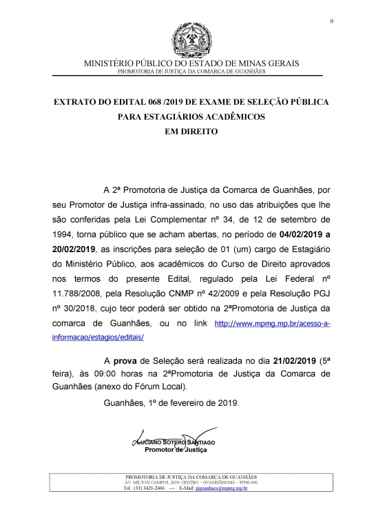 Mais uma oportunidade de estágio no Ministério Público, desta vez para acadêmicos de Direito