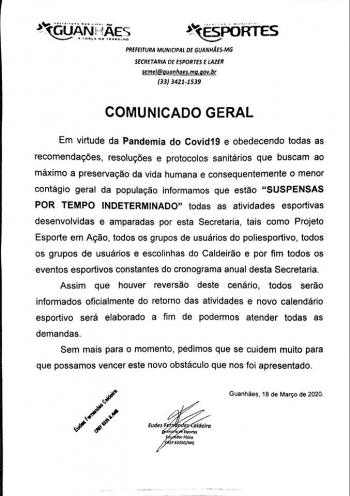Atividades esportivas desenvolvidas e amparadas pela Secretaria de Esportes estão suspensas em Guanhães