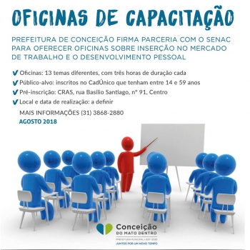 Oficinas sobre inserção no Mercado de Trabalho e Desenvolvimento Pessoal serão realizadas em Conceição do Mato Dentro