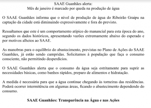 NOTA DO SAAE GUANHÃES SOBRE QUEDA NA VAZÃO DE ÁGUA