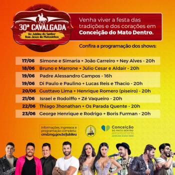 Prefeitura de Conceição do Mato Dentro divulga programação do Rodeio e da 30ª Cavalgada do Senhor Bom Jesus do Matosinhos