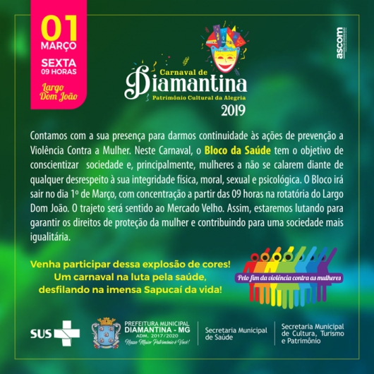 Carnaval 2019 de Diamantina terá bloco voltado para ações de prevenção à violência contra a mulher