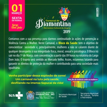 Carnaval 2019 de Diamantina terá bloco voltado para ações de prevenção à violência contra a mulher