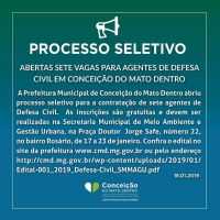 Inscri&ccedil;&otilde;es para o processo seletivo para a contrata&ccedil;&atilde;o de agentes de Defesa Civil em Concei&ccedil;&atilde;o do Mato Dentro terminam hoje