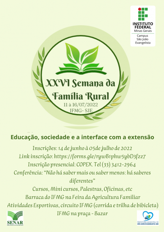 Inscrições para a XXVI Semana da Família do IFMG SJE terminam amanhã