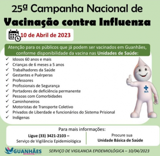 Confira os públicos que já podem ser vacinados contra a Influenza em Guanhães