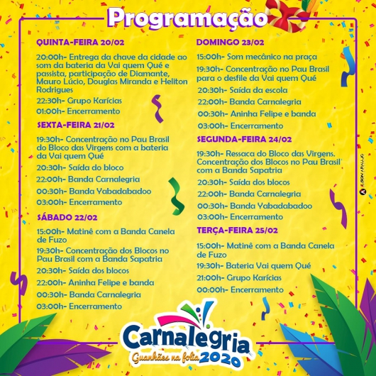 Divulgada a programação do Carnalegria 2020 Confira as atrações que prometem agitar os seis dias de folia em Guanhães