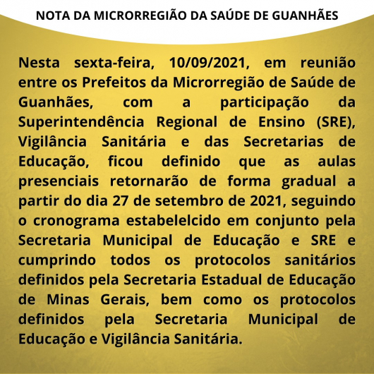 27 DE SETEMBRO: Município anuncia retorno das aulas presenciais em Guanhães, de forma gradual