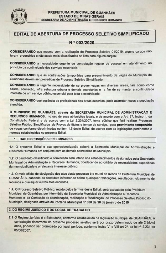 Prefeitura de Guanhães abre inscrições para Processo Seletivo Simplificado