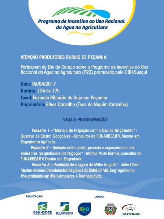 Programa de incentivo ao uso racional da água na agricultura será apresentado em Peçanha