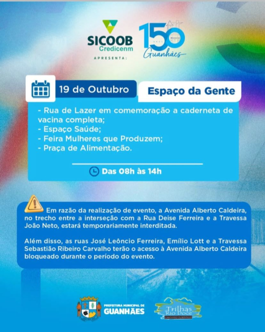 Espaço da gente em comemoração aos 150 anos de Guanhães acontece neste domingo com serviços de saúde, rua de lazer, Feira Mulheres que Produzem e muito mais!