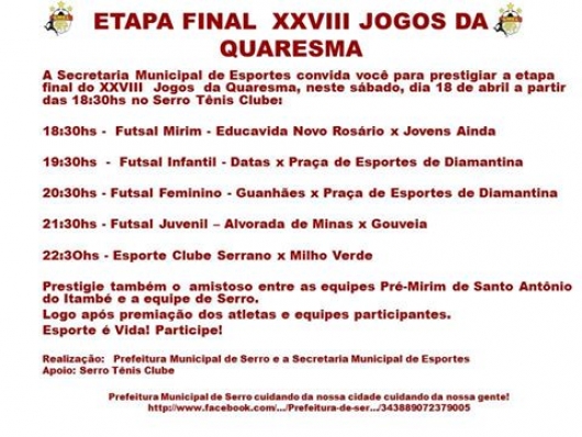 Etapa final do XXVIII Jogos da Quaresma acontece em Serro neste final de semana