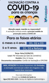 ATENÇÃO PAIS OU RESPONSÁVEIS: Nesta terça tem vacinação infantil contra a Covid em Guanhães!