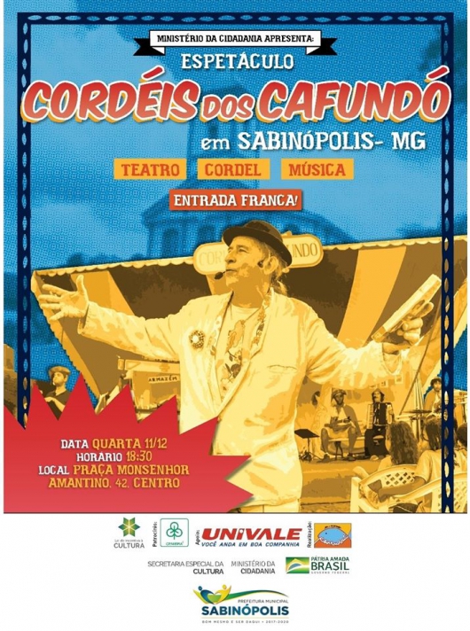 Sabinópolis vai receber nesta quarta o Espetáculo “Cordéis do Cafundó”