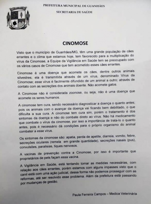 Setor de Vigilância divulga nota sobre surto de cinomose em Guanhães