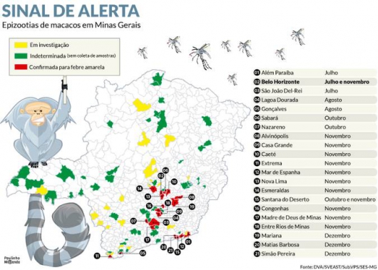 Minas Gerais tem 21 cidades com alto risco de febre amarela